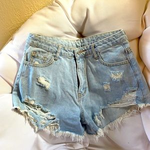 high waisted light wash jean shorts